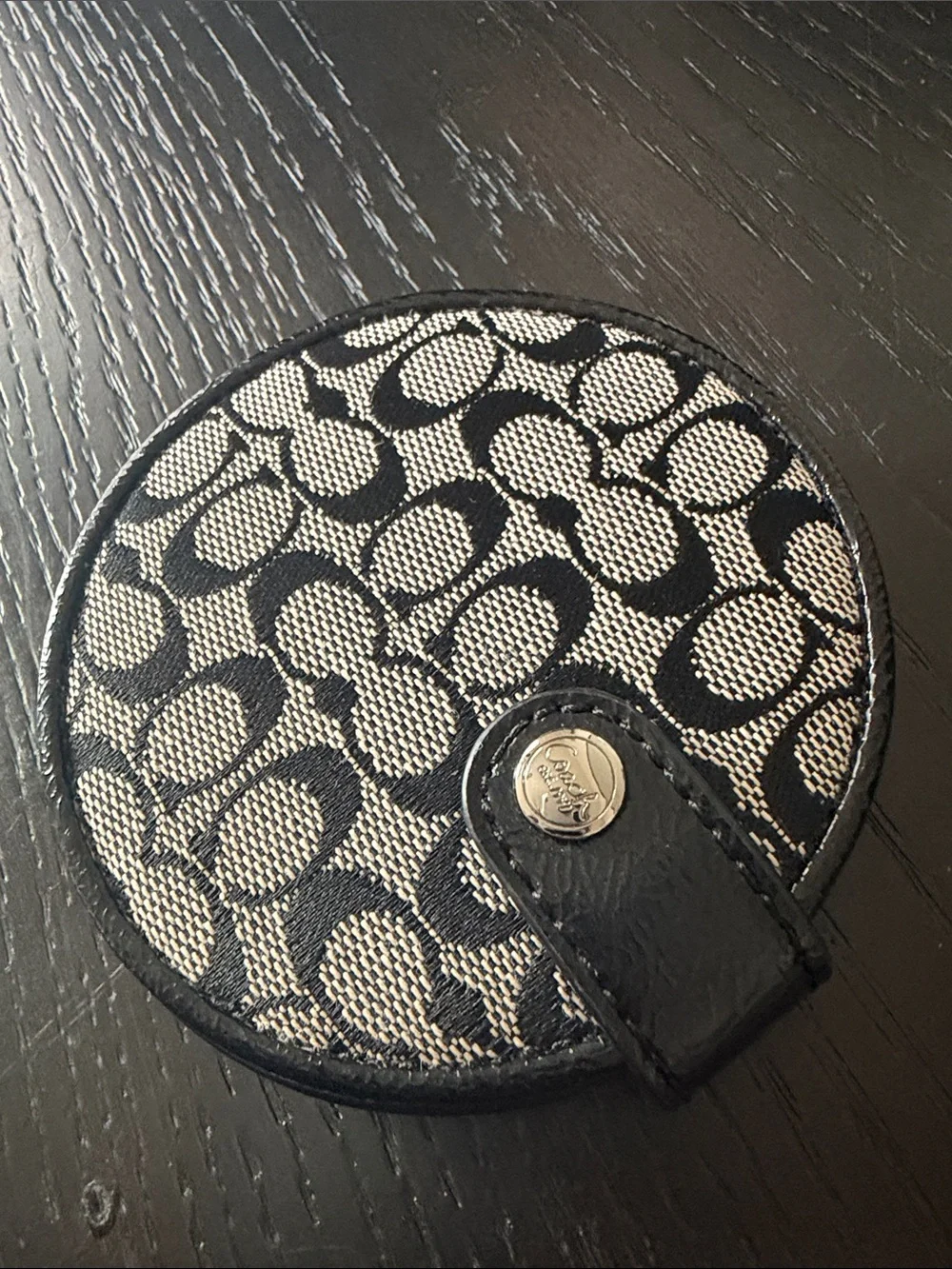 Coach Signature Black and Cream Round Snap Compact Mirror